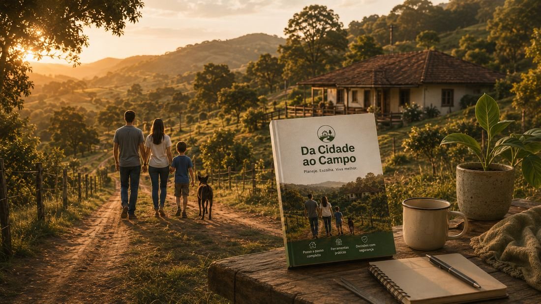 Família caminhando em estrada rural ao entardecer, com o guia Da Cidade ao Campo em primeiro plano